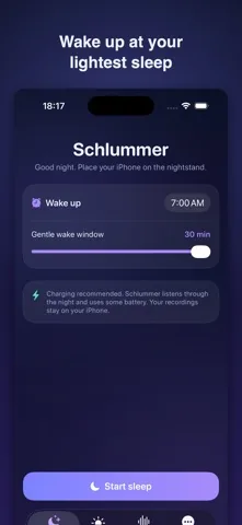 Schlummer sleep screen with the wake time set to 7:00 AM and a gentle wake window of 30 minutes