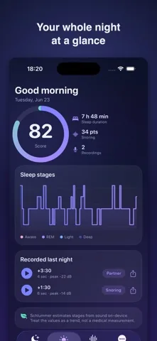 Schlummer morning summary with a sleep score of 82 and a list of two recorded clips, one tagged partner and one tagged snoring