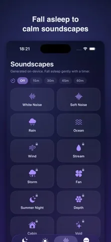 Schlummer soundscape library with a sleep timer set to off, 15, 30, 45 or 60 minutes and a grid of twelve sounds