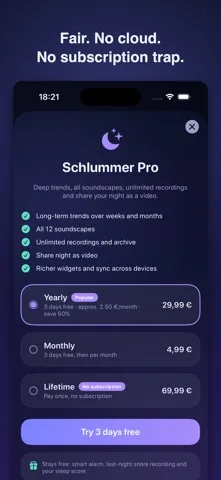 Schlummer Pro screen showing the yearly, monthly and one time Lifetime options
